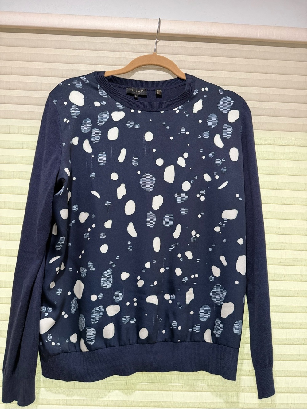 Ted Baker Navy Sweater with Cream Spot Print. Size 3